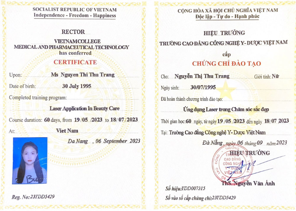 Chứng chỉ laser Thu Trang